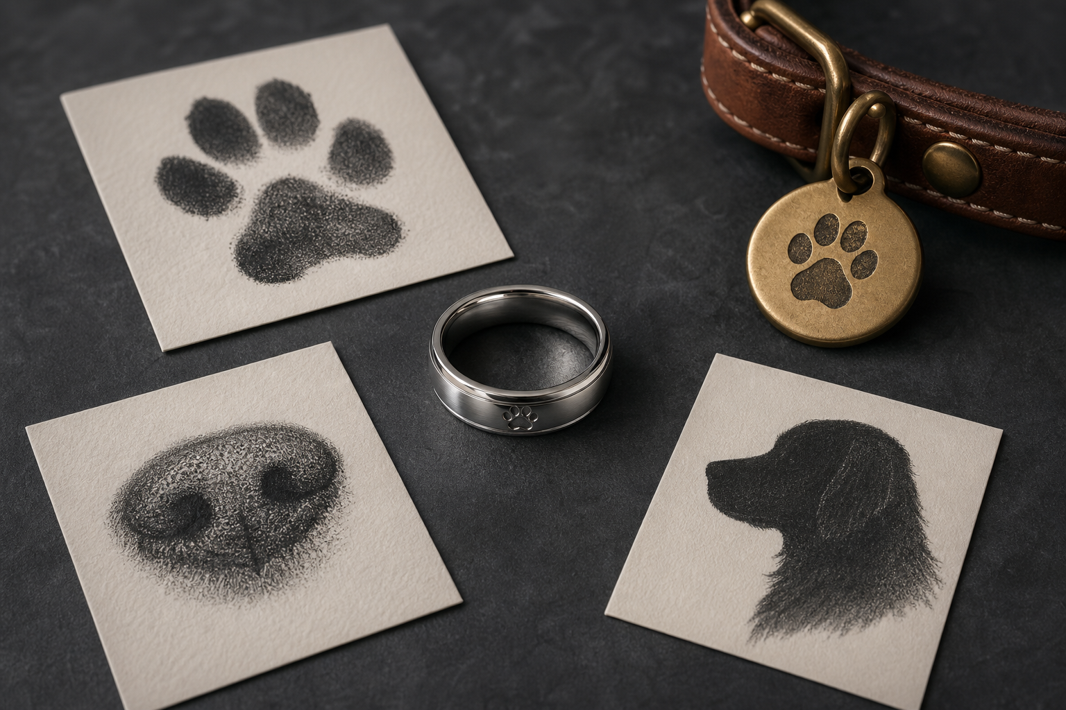 Premium dog memorial ring alternatives image with paw print, nose print, collar tag, silhouette card, and silver ring