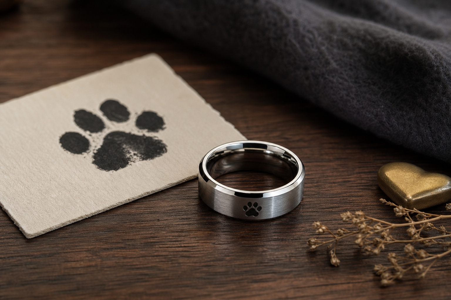 Professional paw print memorial ring guide image with a silver ring and keepsake paw print